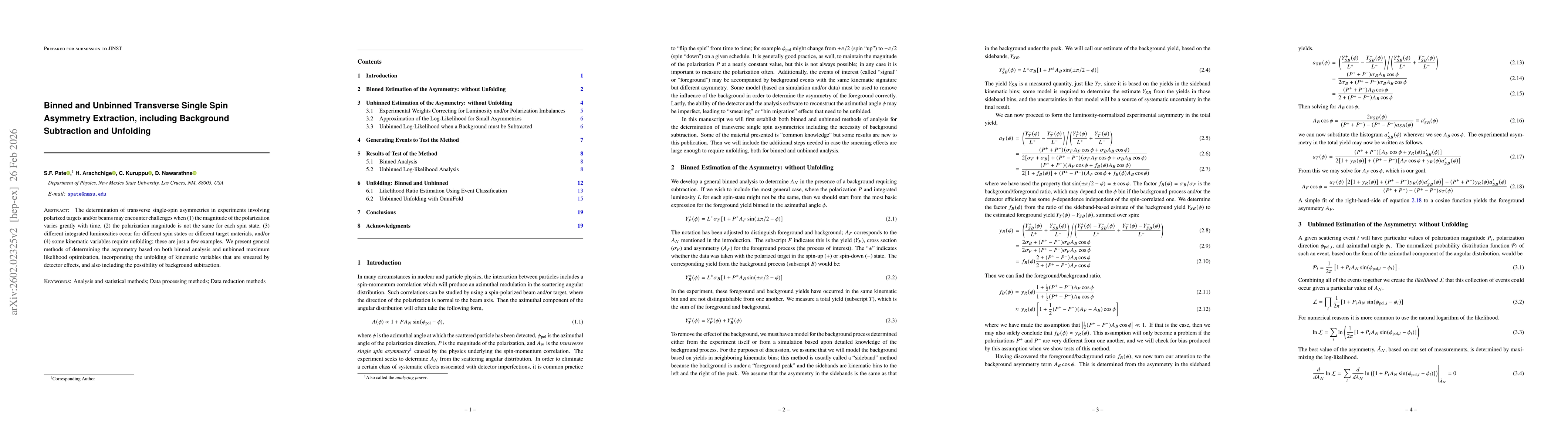Thumbnail for Binned and Unbinned Transverse Single Spin Asymmetry Extraction, including Background Subtraction and Unfolding