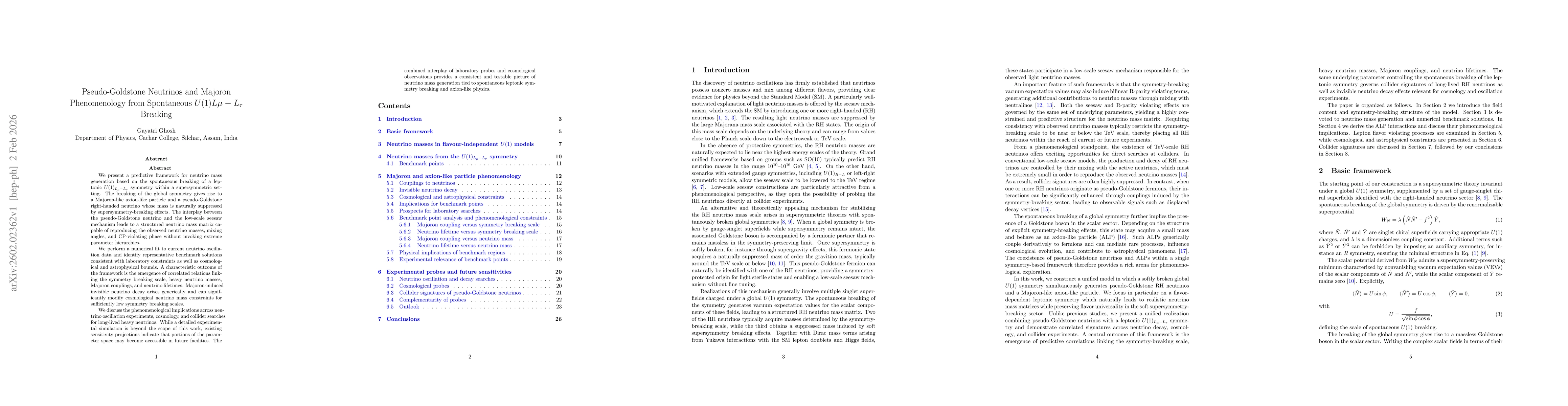 Thumbnail for Pseudo-Goldstone Neutrinos and Majoron Phenomenology from Spontaneous $U(1){Lμ-L_τ}$ Breaking