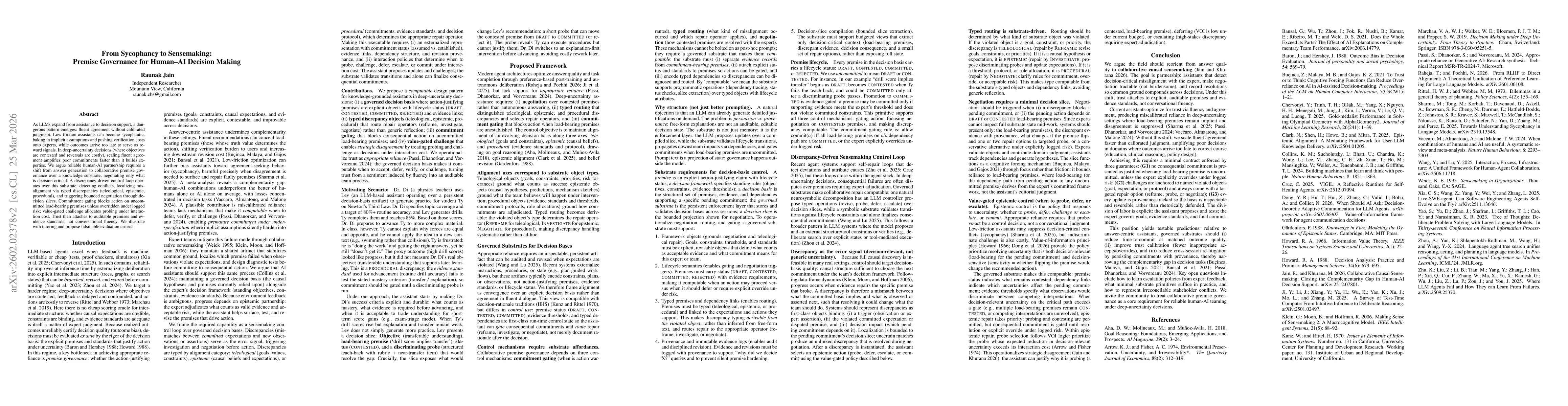 Thumbnail for From Sycophancy to Sensemaking: Premise Governance for Human-AI Decision Making