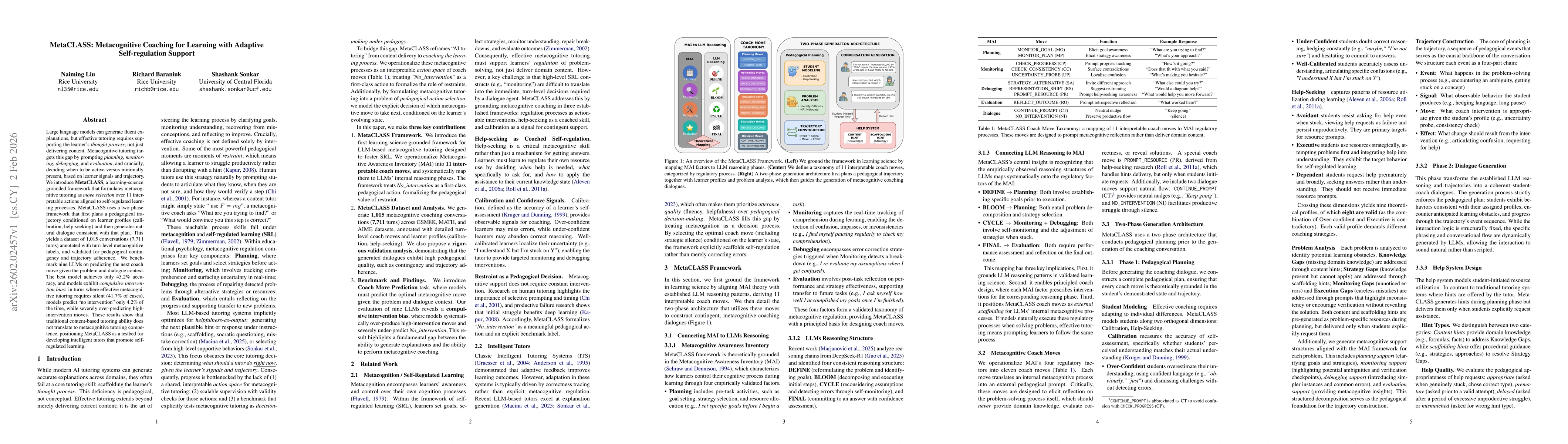 Thumbnail for MetaCLASS: Metacognitive Coaching for Learning with Adaptive Self-regulation Support