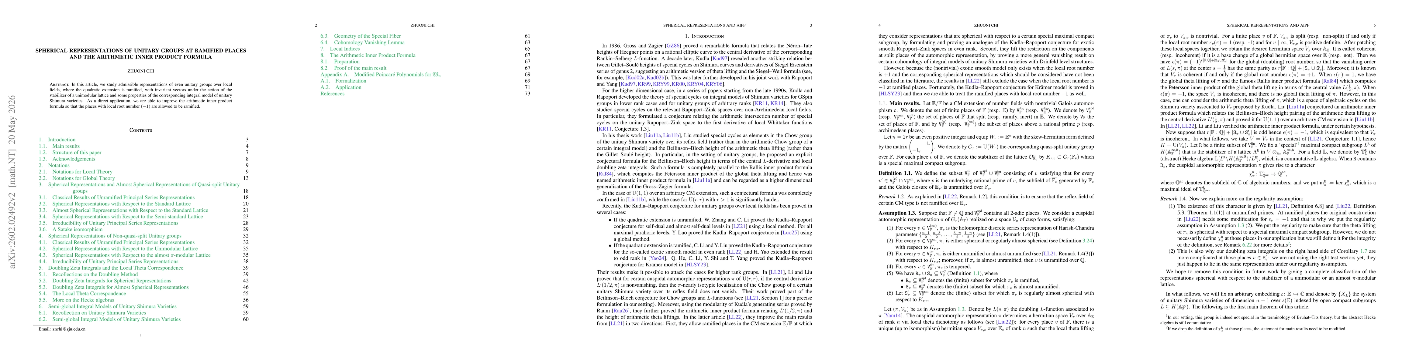Thumbnail for Spherical representations of unitary groups at ramified places and the arithmetic inner product formula