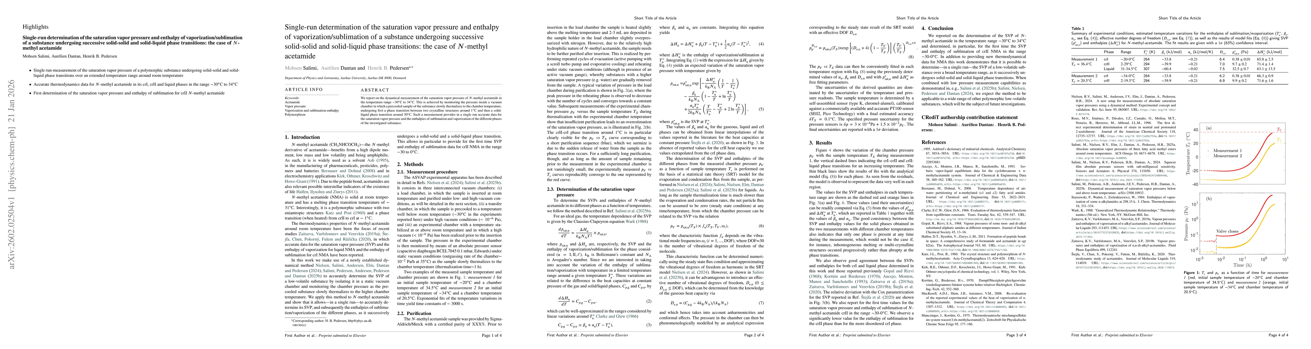 Thumbnail for Single-run determination of the saturation vapor pressure and enthalpy of vaporization/sublimation of a substance undergoing successive solid-solid and solid-liquid phase transitions: the case of $N$-methyl acetamide