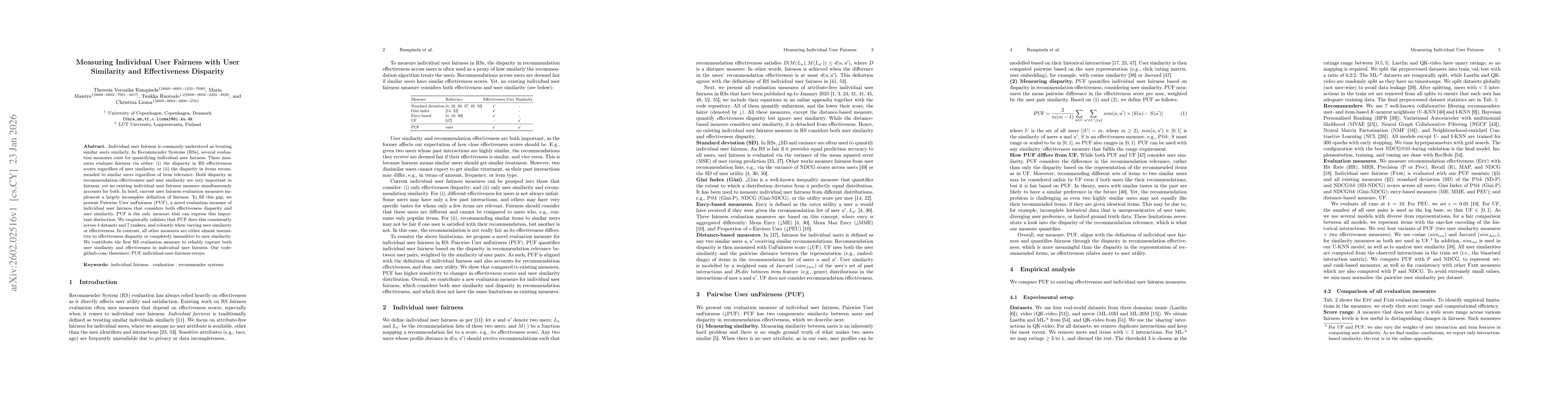 Thumbnail for Measuring Individual User Fairness with User Similarity and Effectiveness Disparity