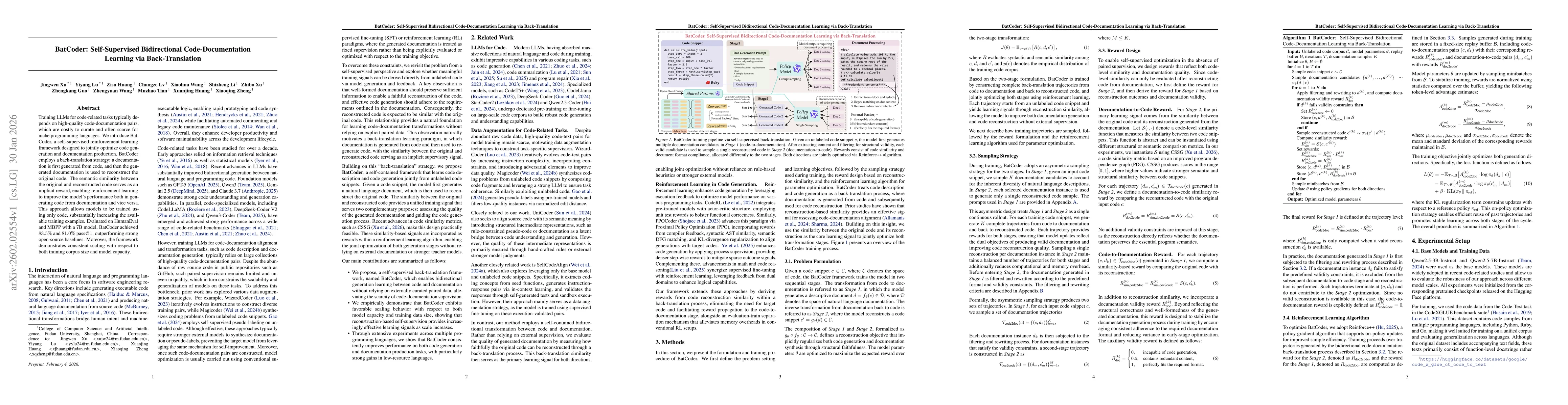 Thumbnail for BatCoder: Self-Supervised Bidirectional Code-Documentation Learning via Back-Translation