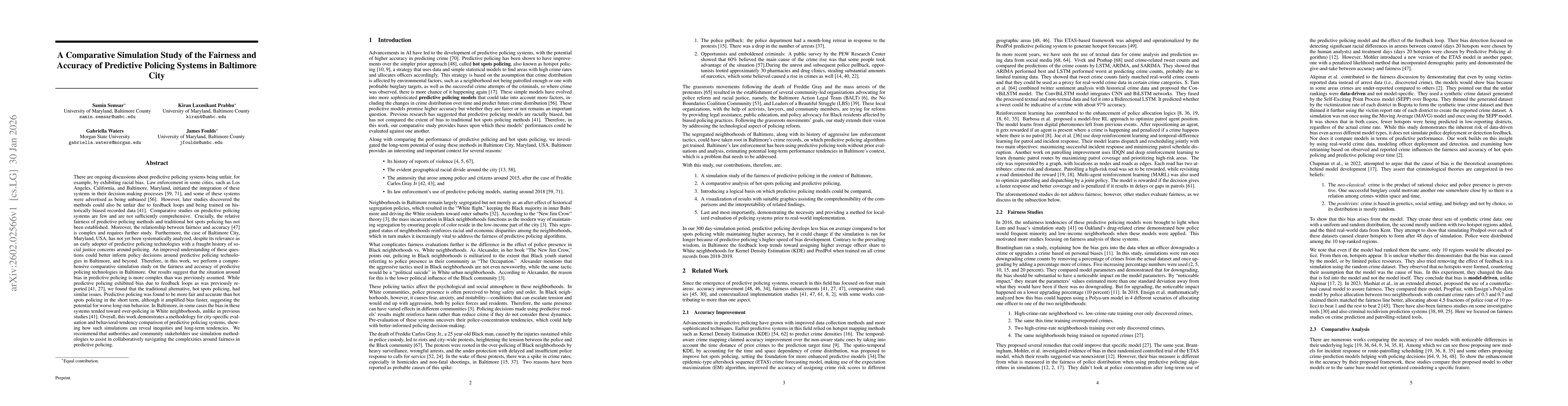 Thumbnail for A Comparative Simulation Study of the Fairness and Accuracy of Predictive Policing Systems in Baltimore City