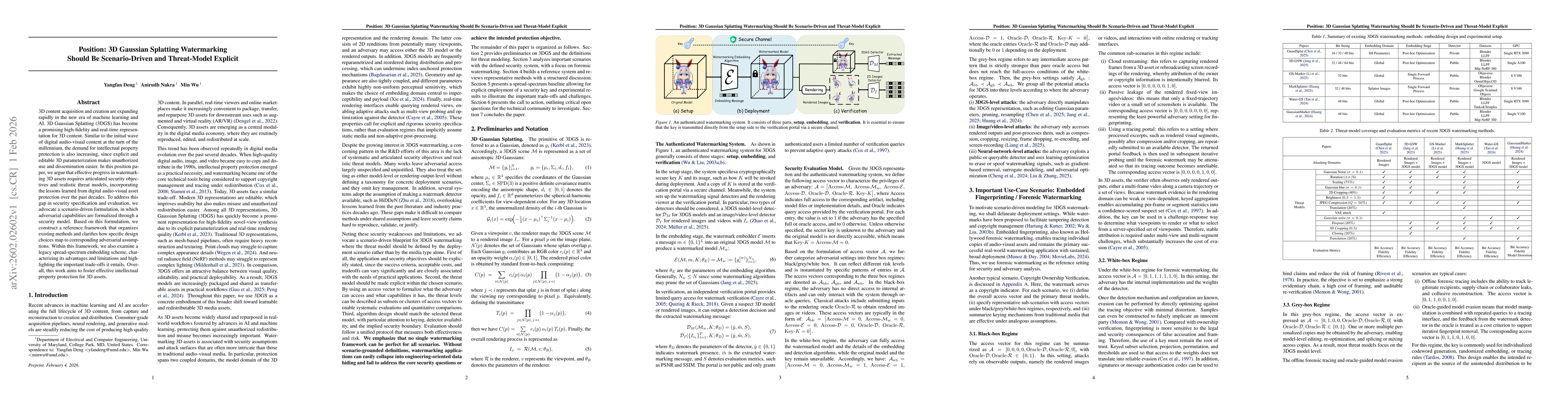 Thumbnail for Position: 3D Gaussian Splatting Watermarking Should Be Scenario-Driven and Threat-Model Explicit