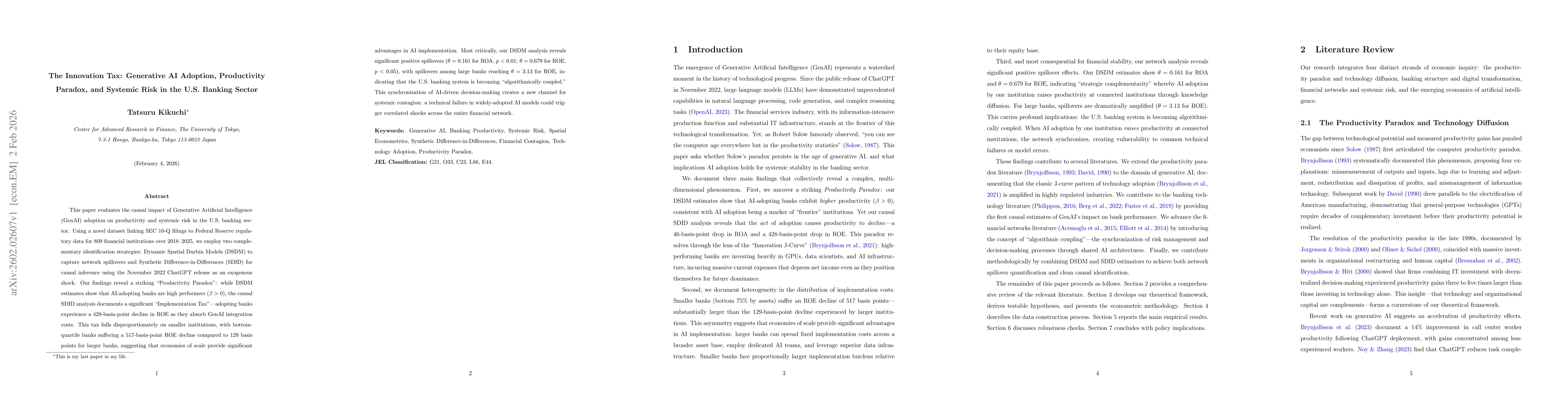 Thumbnail for The Innovation Tax: Generative AI Adoption, Productivity Paradox, and Systemic Risk in the U.S. Banking Sector