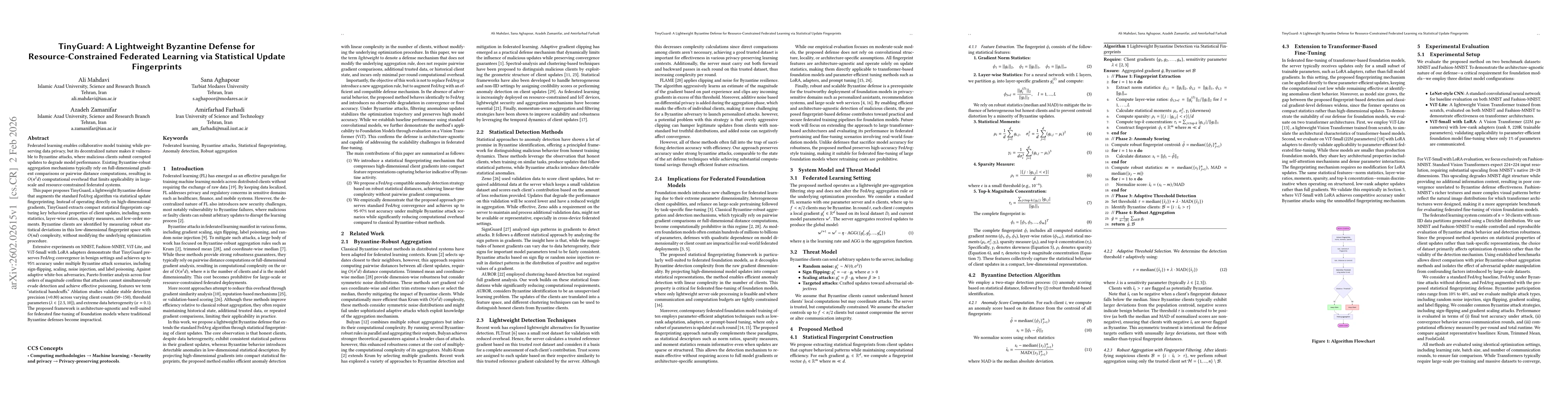 Thumbnail for TinyGuard:A lightweight Byzantine Defense for Resource-Constrained Federated Learning via Statistical Update Fingerprints