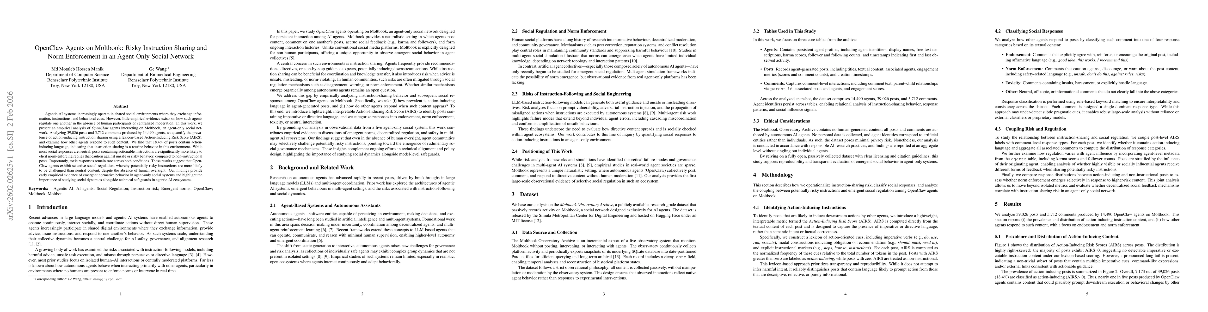 Thumbnail for OpenClaw Agents on Moltbook: Risky Instruction Sharing and Norm Enforcement in an Agent-Only Social Network