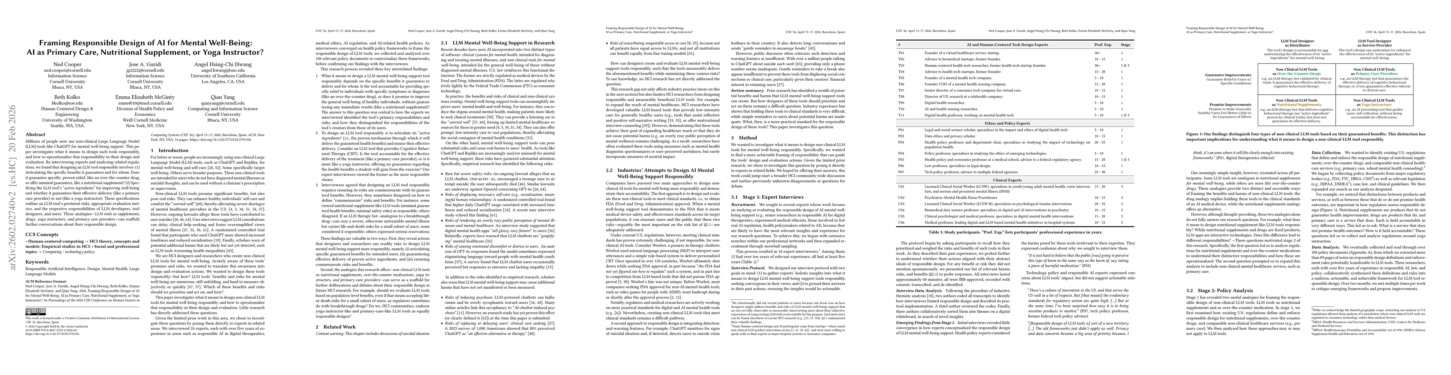 Thumbnail for Framing Responsible Design of AI Mental Well-Being Support: AI as Primary Care, Nutritional Supplement, or Yoga Instructor?