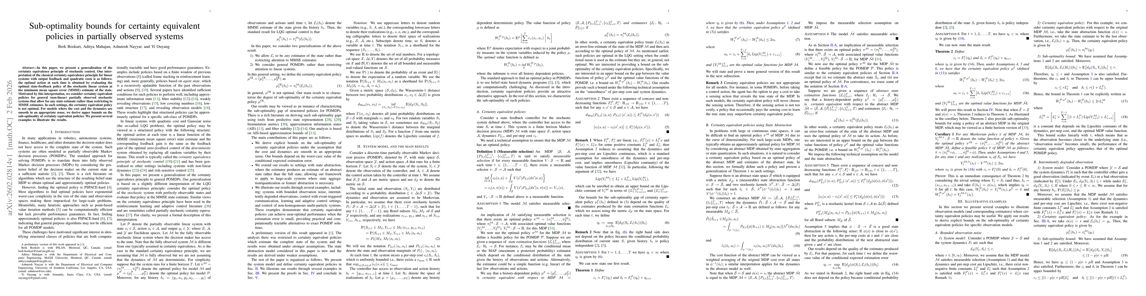 Thumbnail for Sub-optimality bounds for certainty equivalent policies in partially observed systems