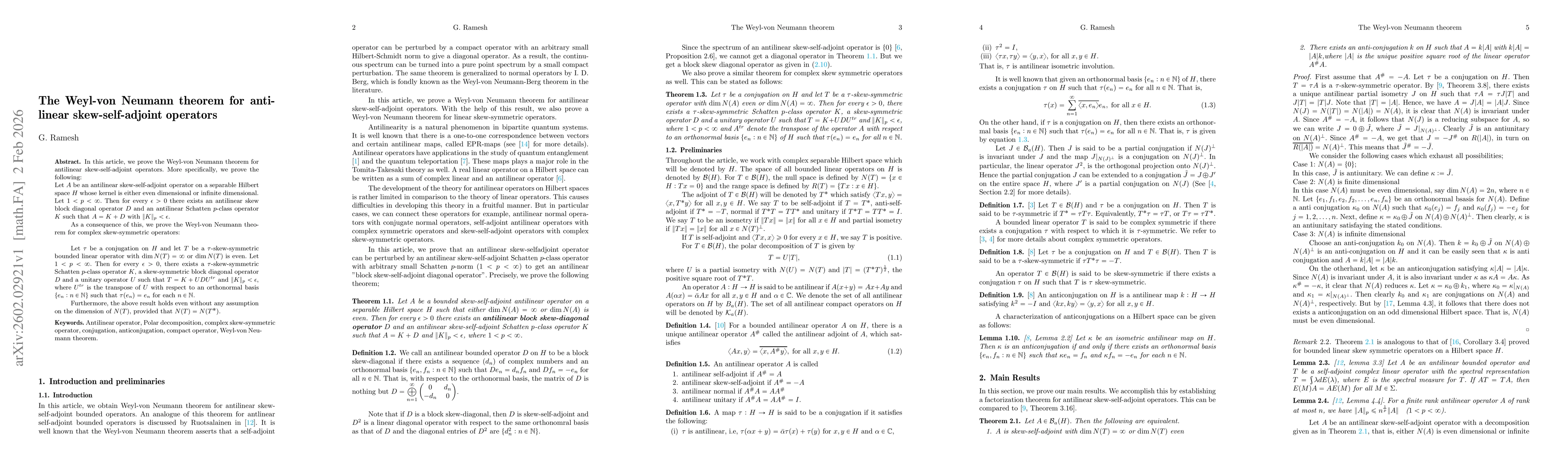 Thumbnail for The Weyl-von Neumann theorem for antilinear skew-self-adjoint operators