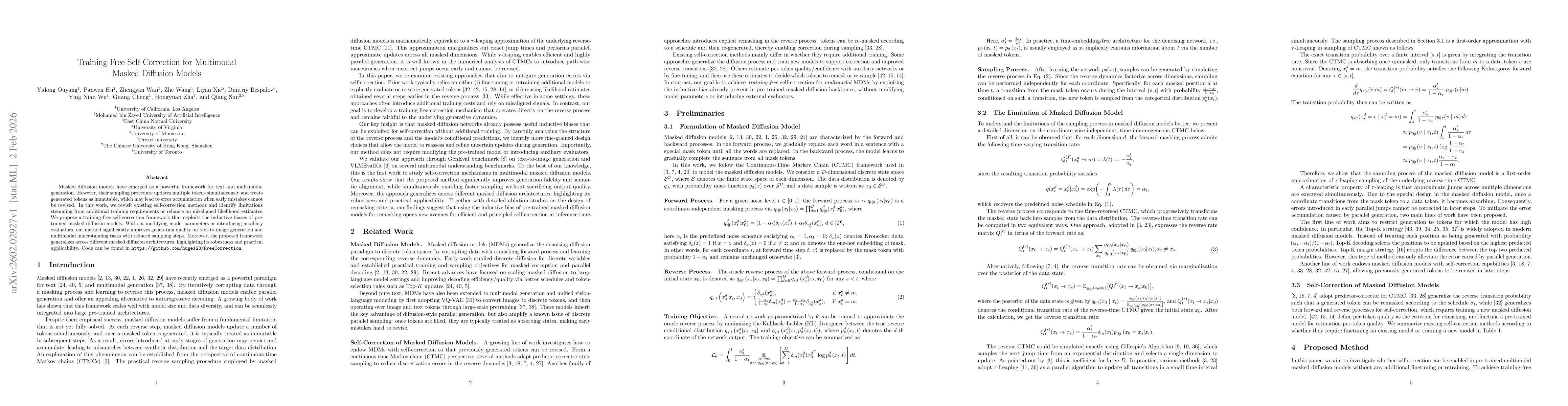 Thumbnail for Training-Free Self-Correction for Multimodal Masked Diffusion Models