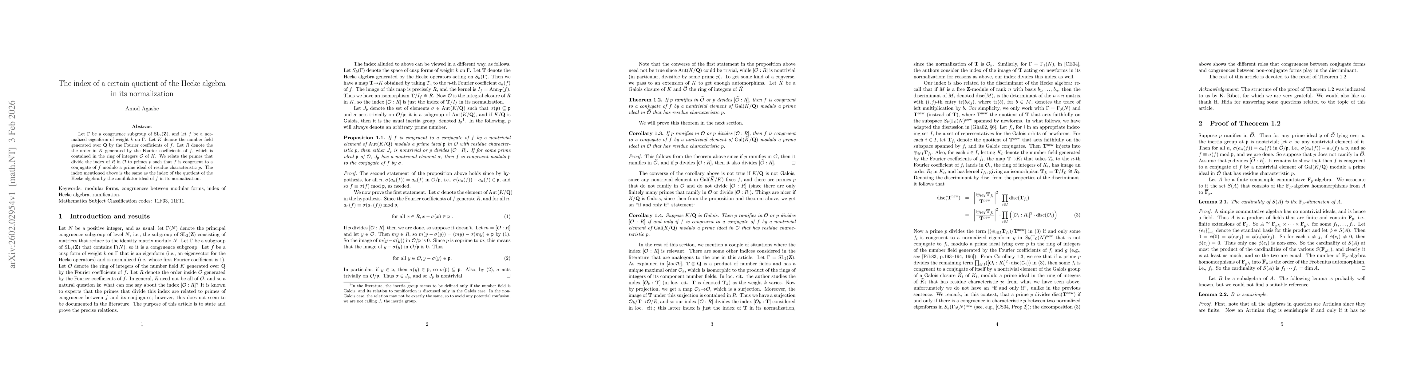 Thumbnail for The index of a certain quotient of the Hecke algebra in its normalization