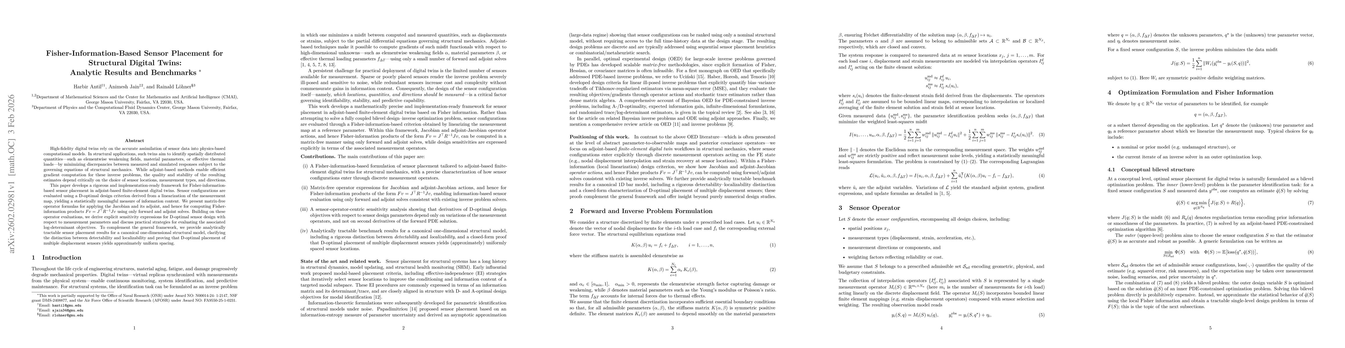 Thumbnail for Fisher-Information-Based Sensor Placement for Structural Digital Twins: Analytic Results and Benchmarks