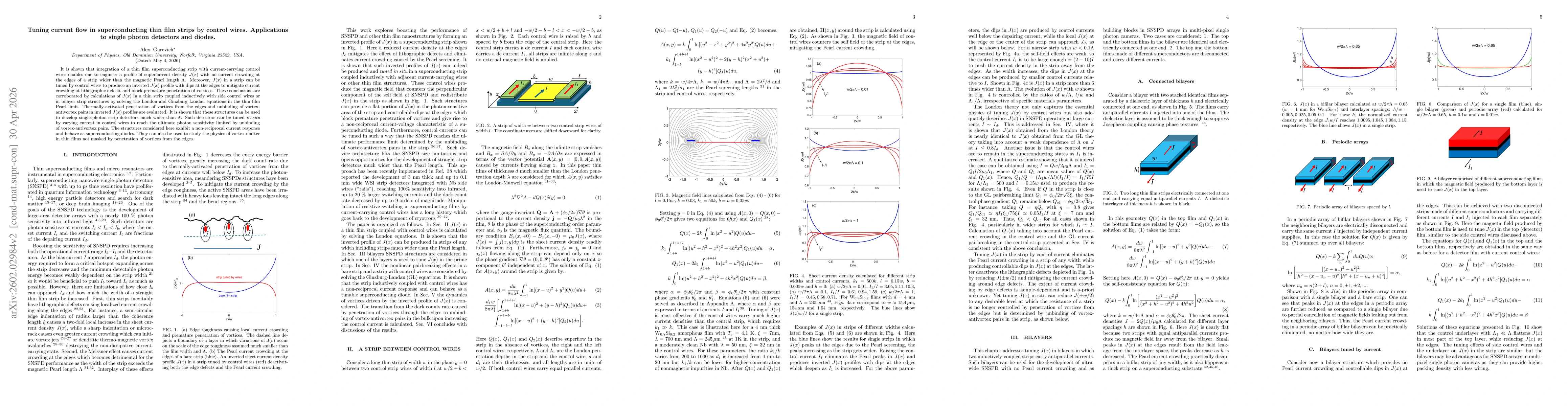 Thumbnail for Tuning current flow in superconducting thin film strips by control wires. Applications to single photon detectors and diodes