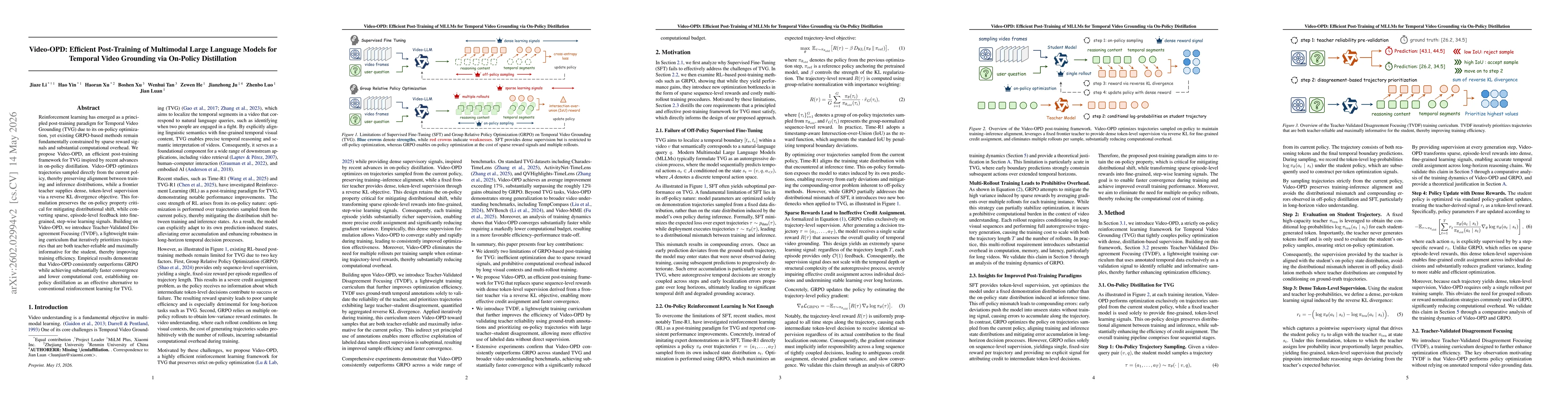 Thumbnail for Video-OPD: Efficient Post-Training of Multimodal Large Language Models for Temporal Video Grounding via On-Policy Distillation
