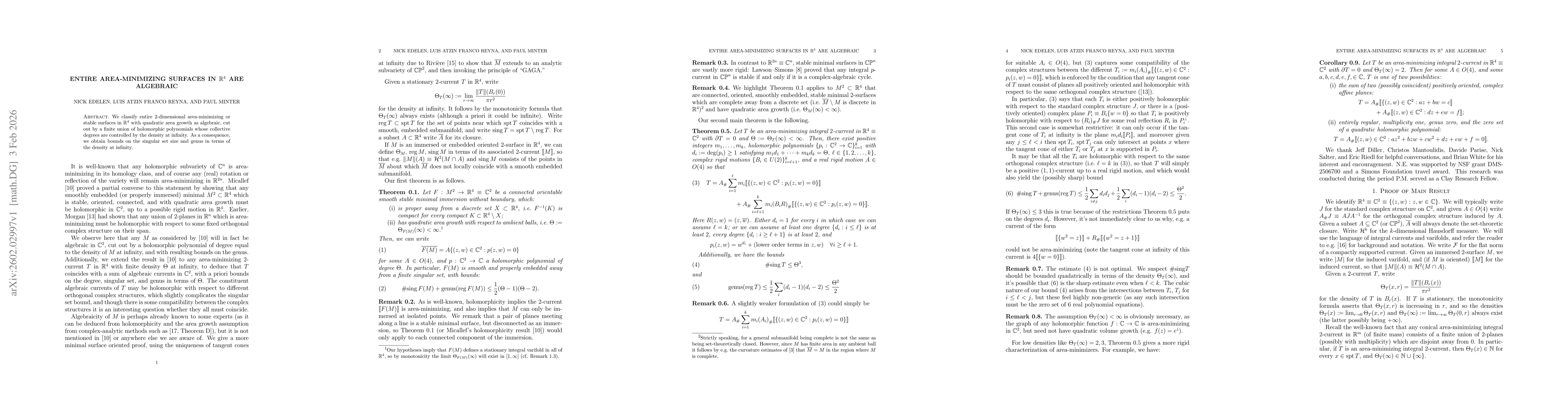 Thumbnail for Entire area-minimizing surfaces in R^4 are algebraic