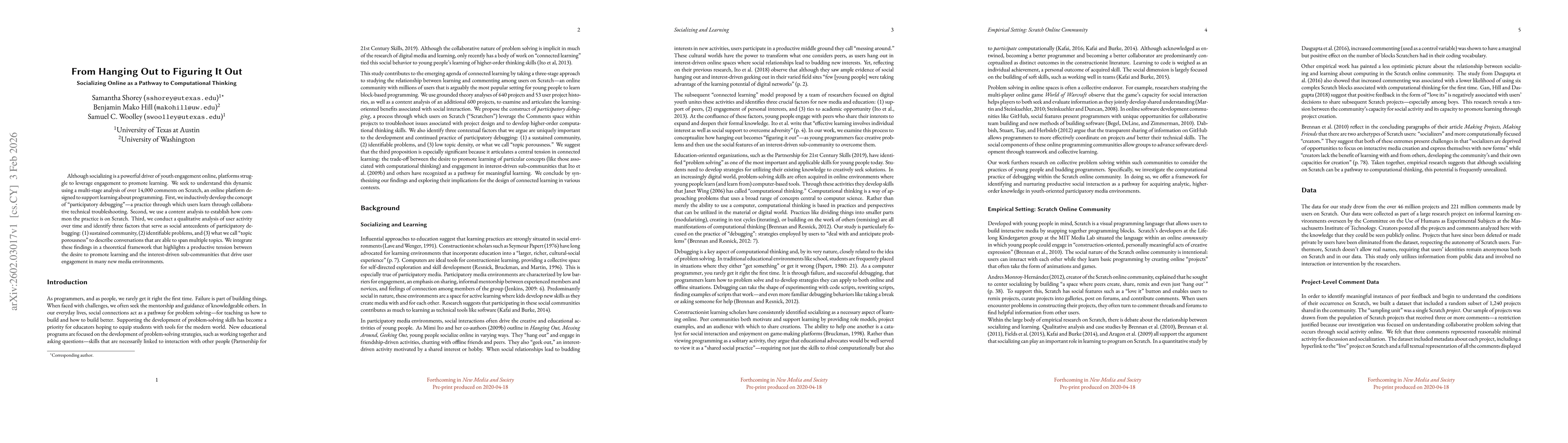 Thumbnail for From Hanging Out to Figuring It Out: Socializing Online as a Pathway to Computational Thinking