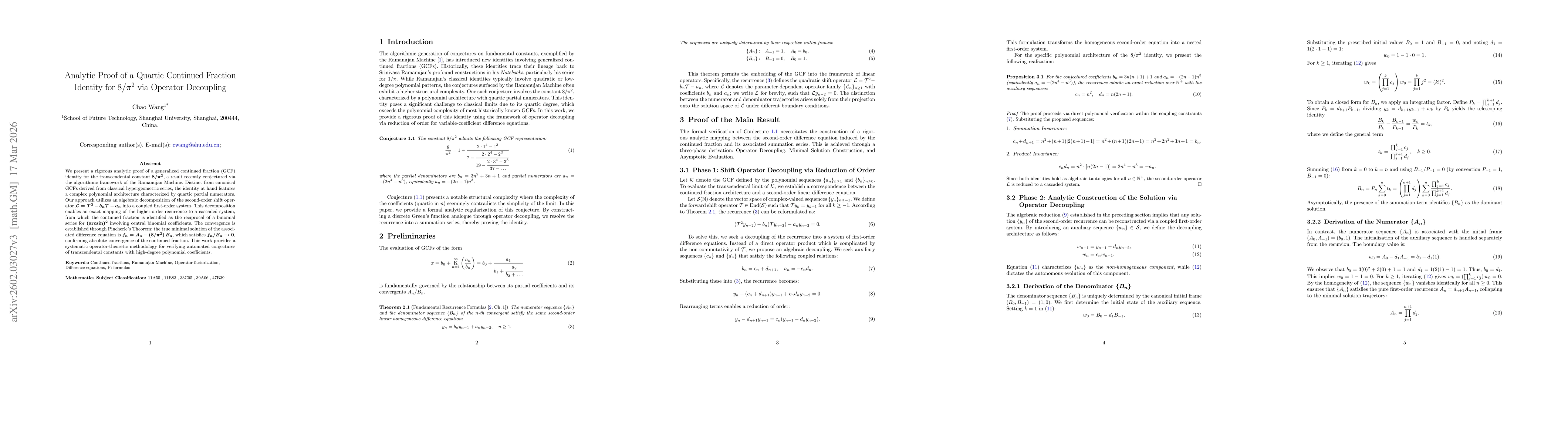 Thumbnail for Analytic Proof of a Quartic Continued Fraction Identity for $8/π^2$ via Operator Factorization