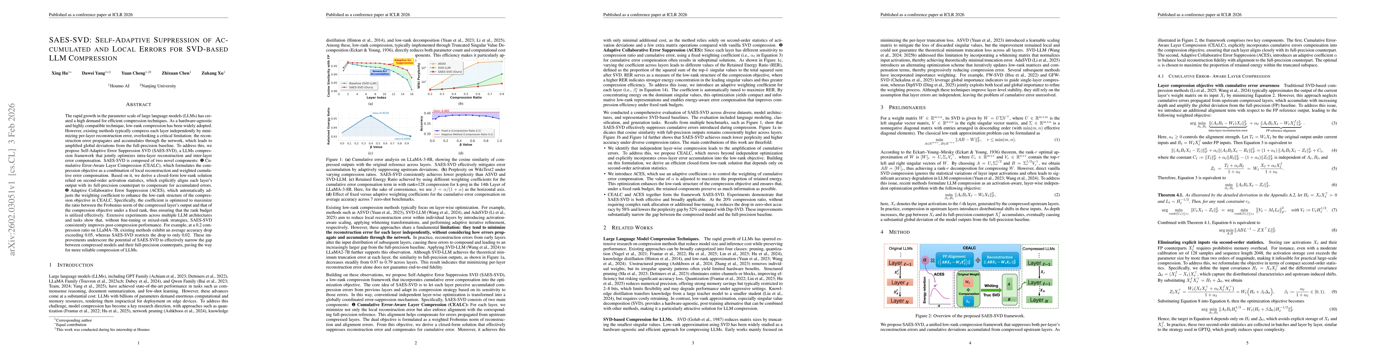 Thumbnail for SAES-SVD: Self-Adaptive Suppression of Accumulated and Local Errors for SVD-based LLM Compression