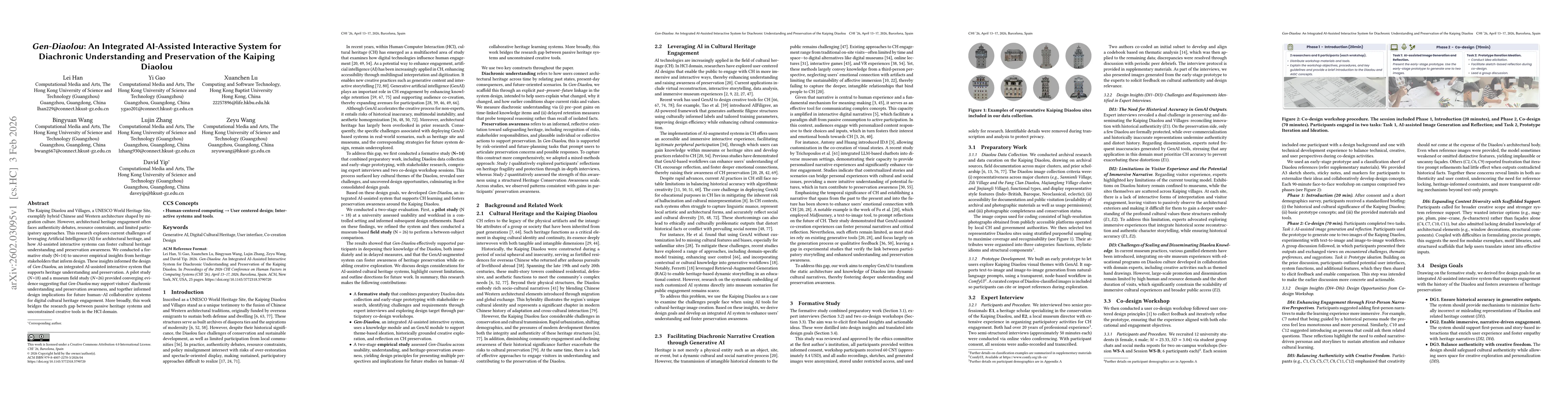 Thumbnail for Gen-Diaolou: An Integrated AI-Assisted Interactive System for Diachronic Understanding and Preservation of the Kaiping Diaolou