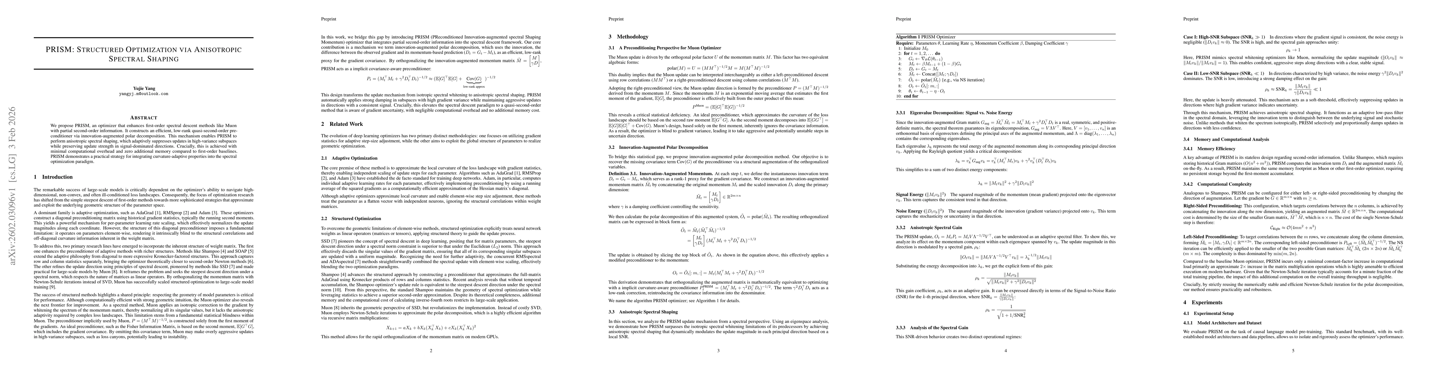 Thumbnail for PRISM: Structured Optimization via Anisotropic Spectral Shaping