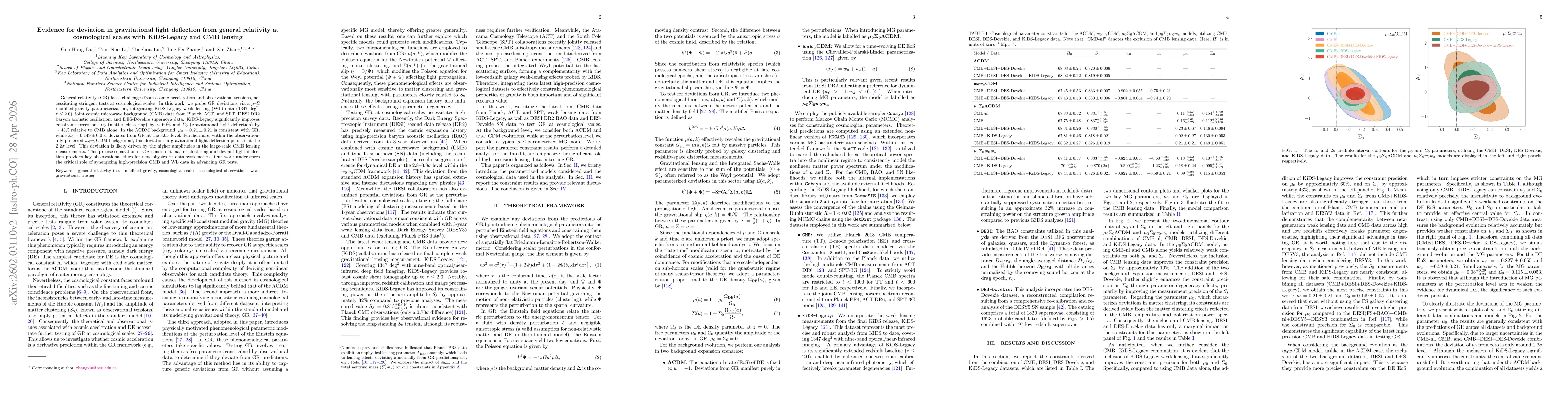 Thumbnail for Evidence for a 3.0$σ$ Deviation in Gravitational Light Deflection from General Relativity at Cosmological Scales with KiDS-Legacy and CMB Lensing