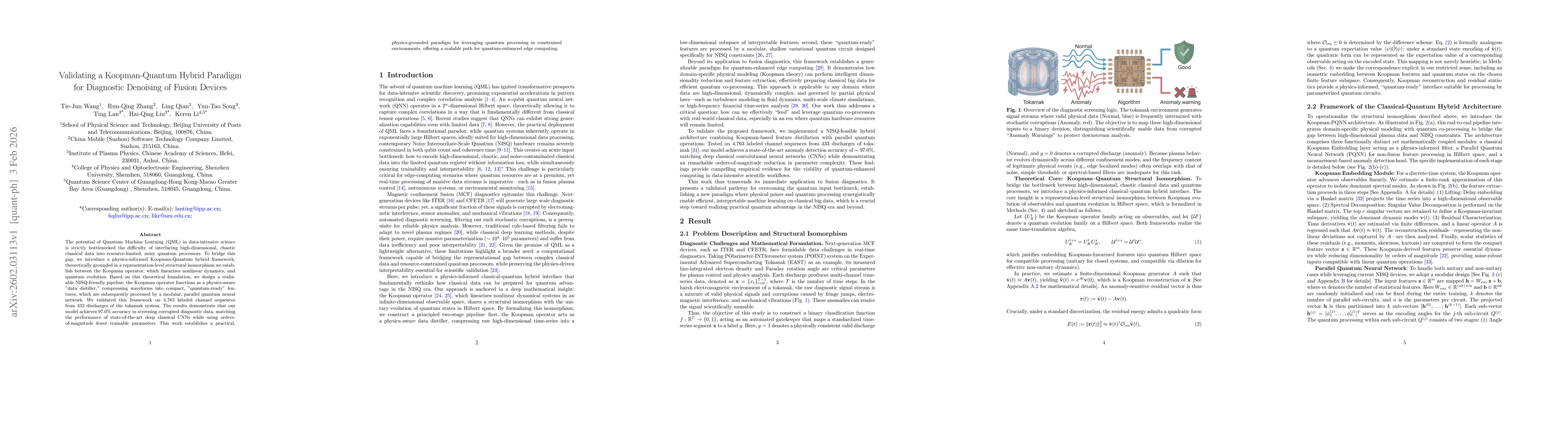 Thumbnail for Validating a Koopman-Quantum Hybrid Paradigm for Diagnostic Denoising of Fusion Devices