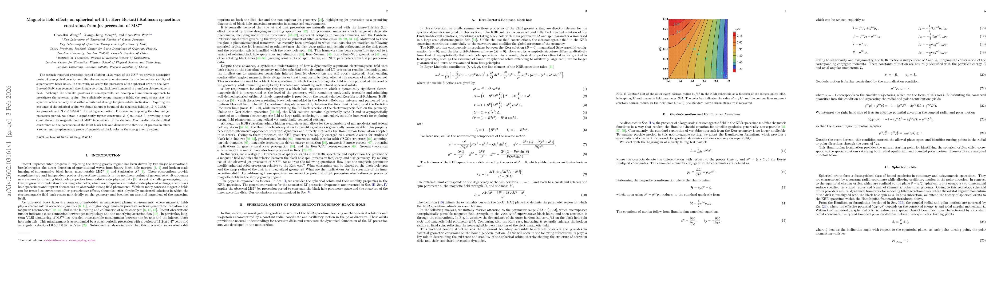 Thumbnail for Magnetic field effects on spherical orbit in Kerr-Bertotti-Robinson spacetime: constraints from jet precession of M87*