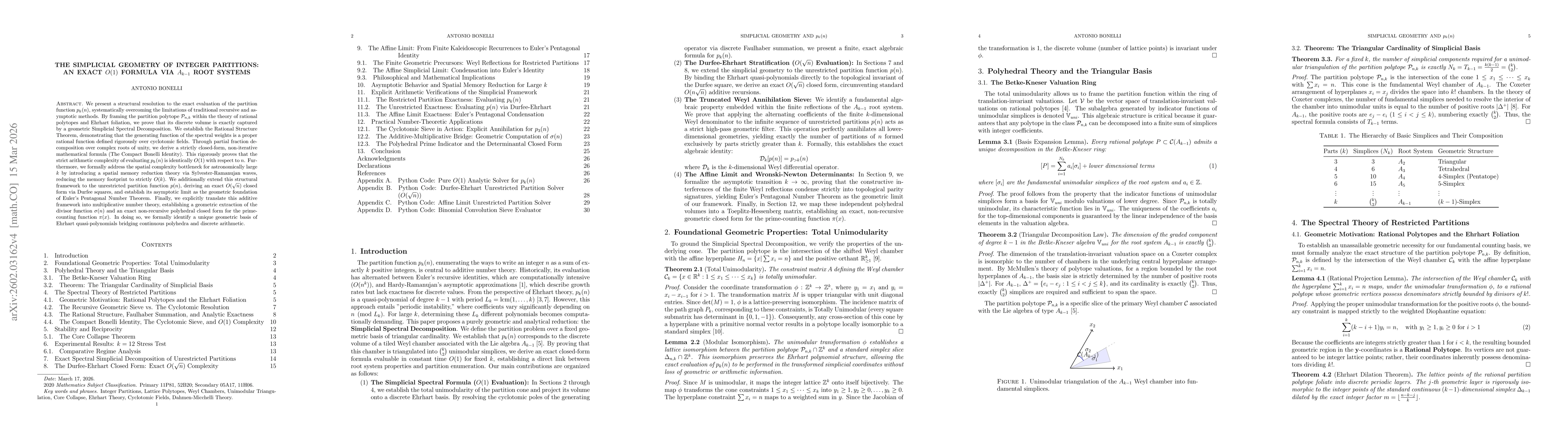 Thumbnail for The Simplicial Geometry of Integer Partitions: An Exact $O(1)$ Formula via $A_{k-1}$ Root Systems