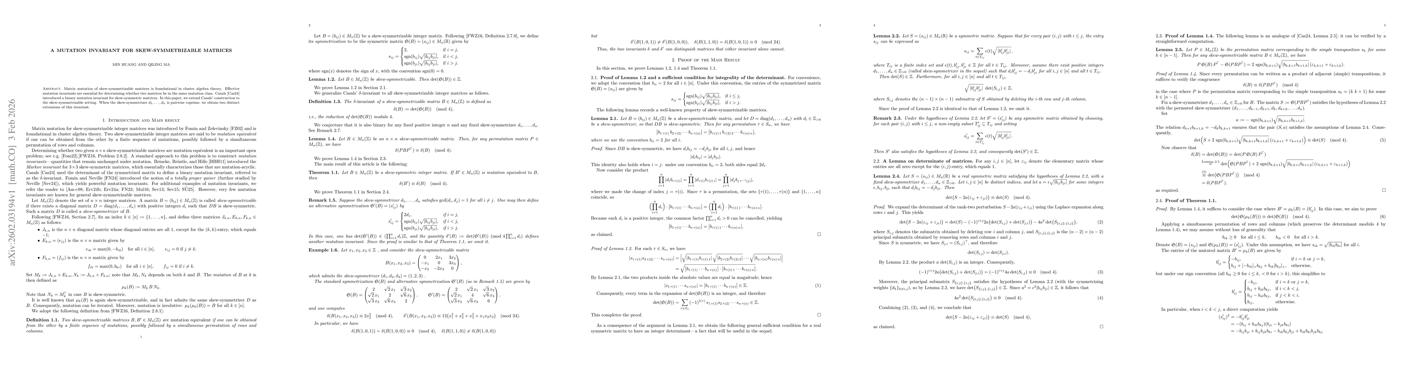 Thumbnail for A mutation invariant for skew-symmetrizable matrices