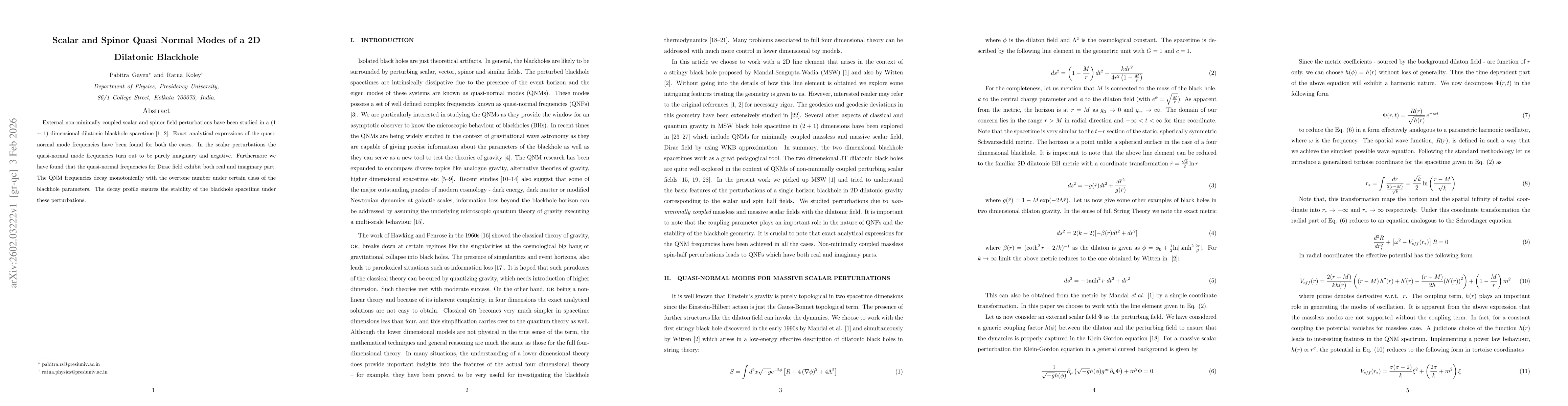 Thumbnail for Scalar and Spinor Quasi Normal Modes of a 2D Dilatonic Blackhole