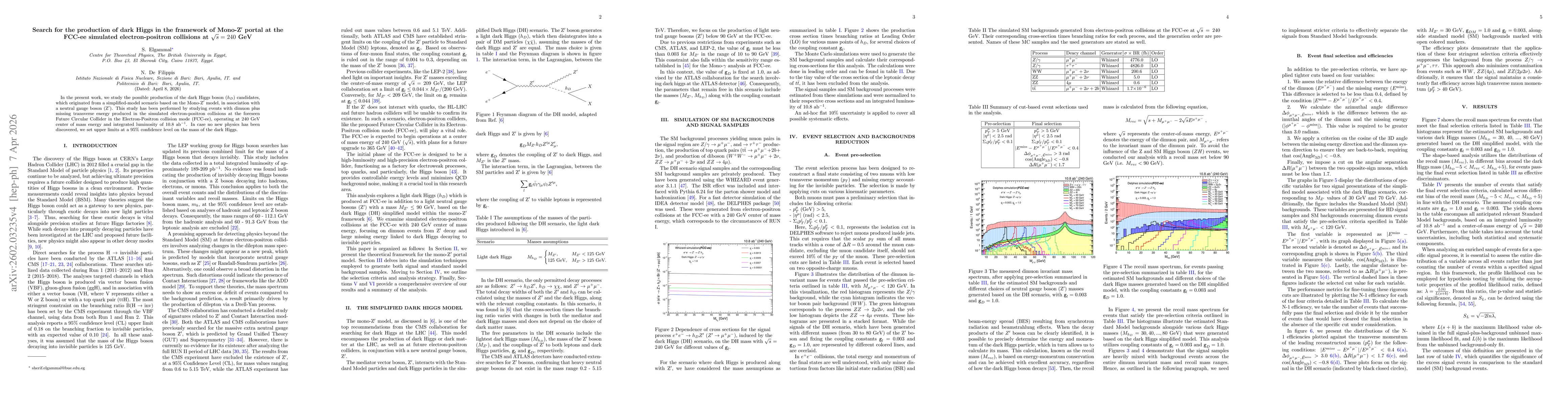 Thumbnail for Search for the production of dark Higgs in the framework of Mono-Z$^{\prime}$ portal at the FCC-ee simulated electron-positron collisions at $\sqrt{s} = 240$ GeV