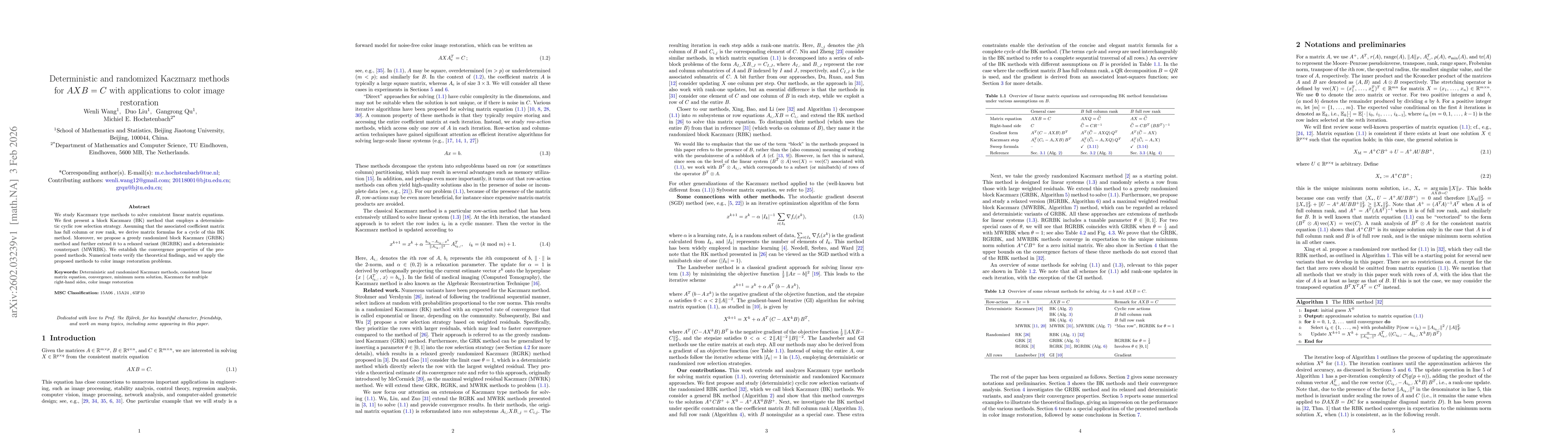 Thumbnail for Deterministic and randomized Kaczmarz methods for $AXB=C$ with applications to color image restoration