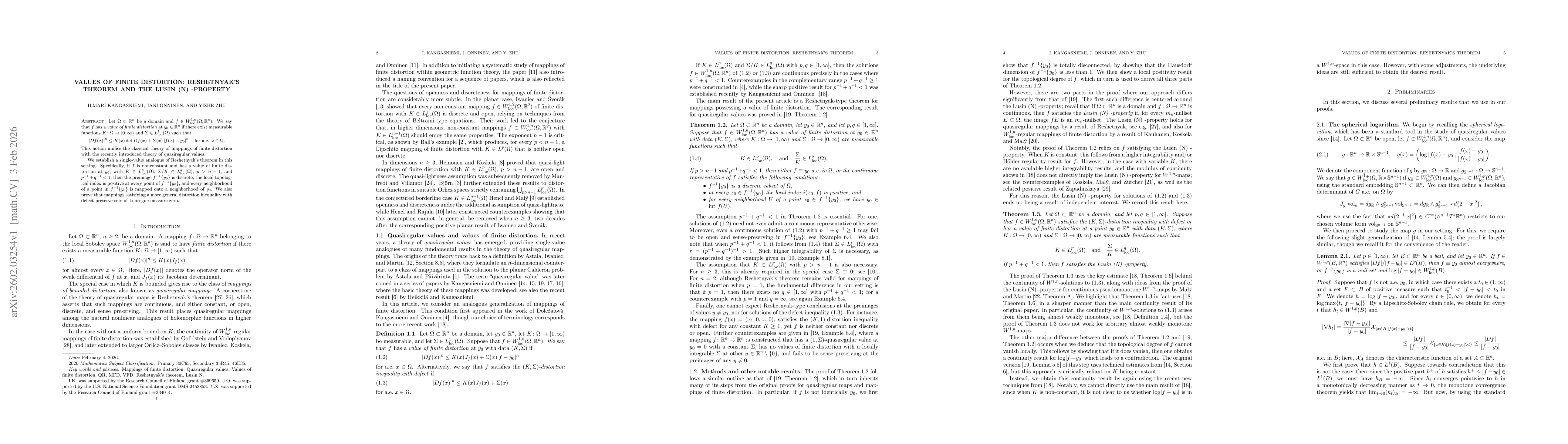 Thumbnail for Values of finite distortion: Reshetnyak's theorem and the Lusin (N) -property