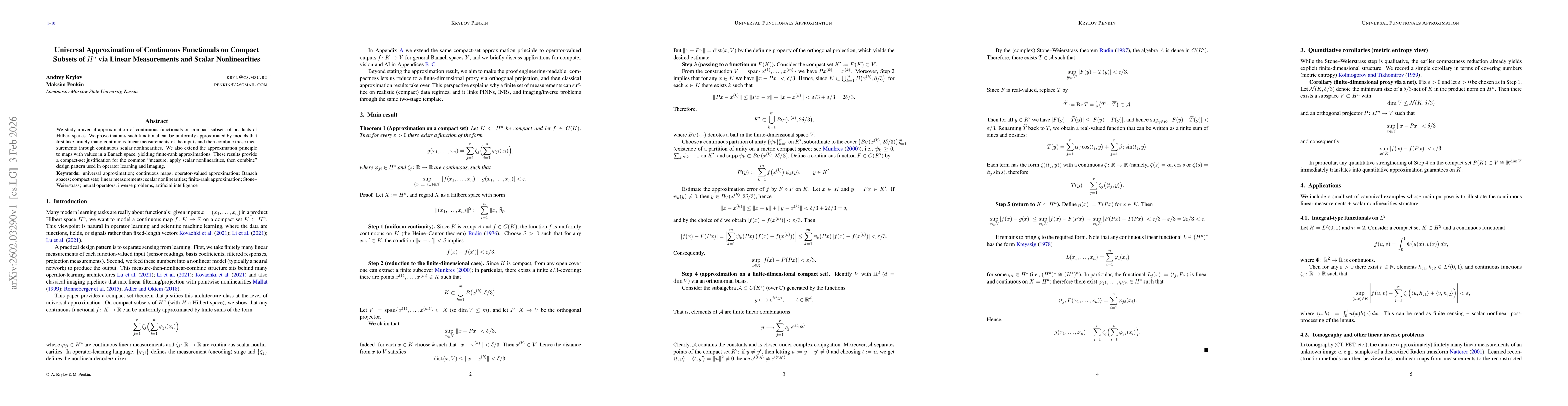 Thumbnail for Universal Approximation of Continuous Functionals on Compact Subsets via Linear Measurements and Scalar Nonlinearities