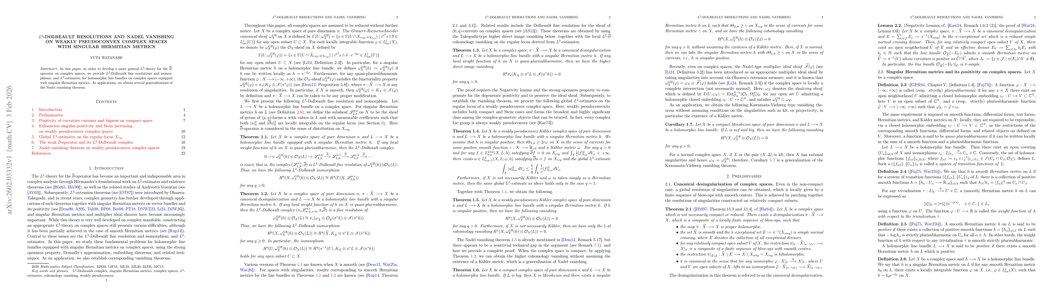 Thumbnail for $L^2$-Dolbeault resolutions and Nadel vanishing on weakly pseudoconvex complex spaces with singular Hermitian metrics