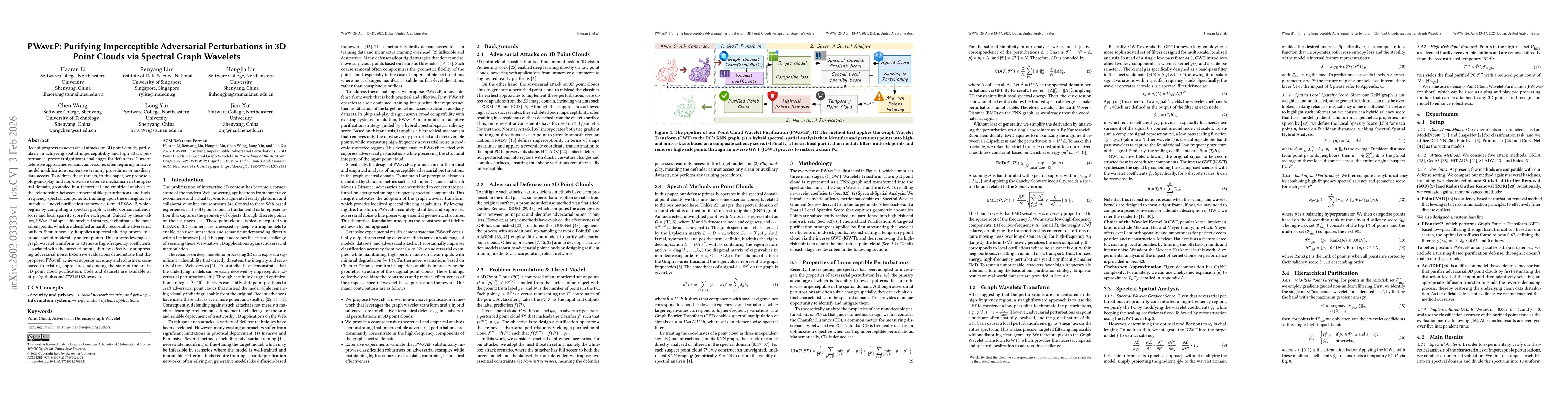 Thumbnail for PWAVEP: Purifying Imperceptible Adversarial Perturbations in 3D Point Clouds via Spectral Graph Wavelets