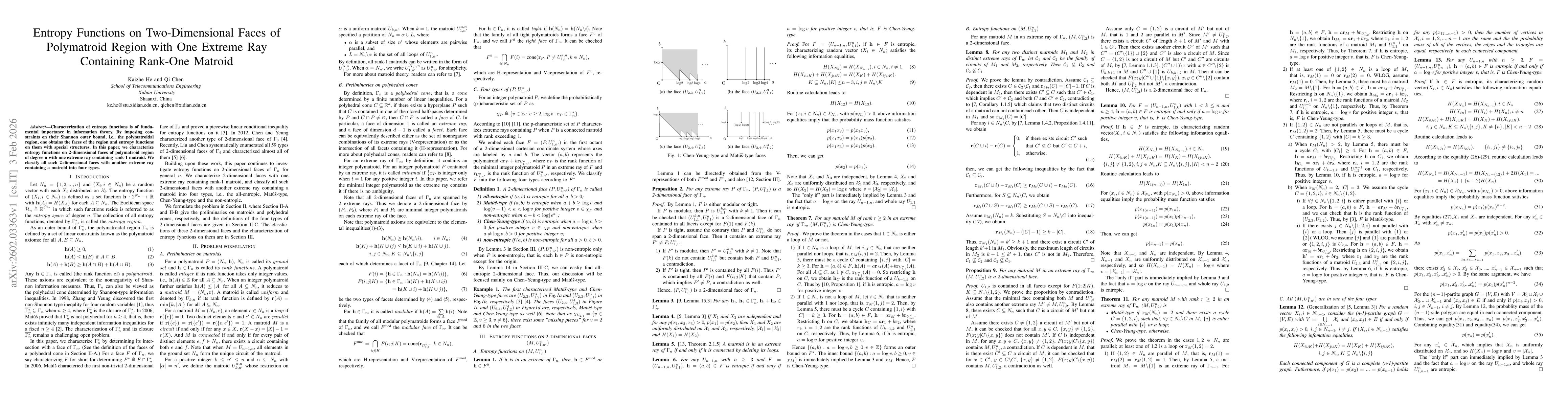 Thumbnail for Entropy Functions on Two-Dimensional Faces of Polymatroid Region with One Extreme Ray Containing Rank-One Matroid