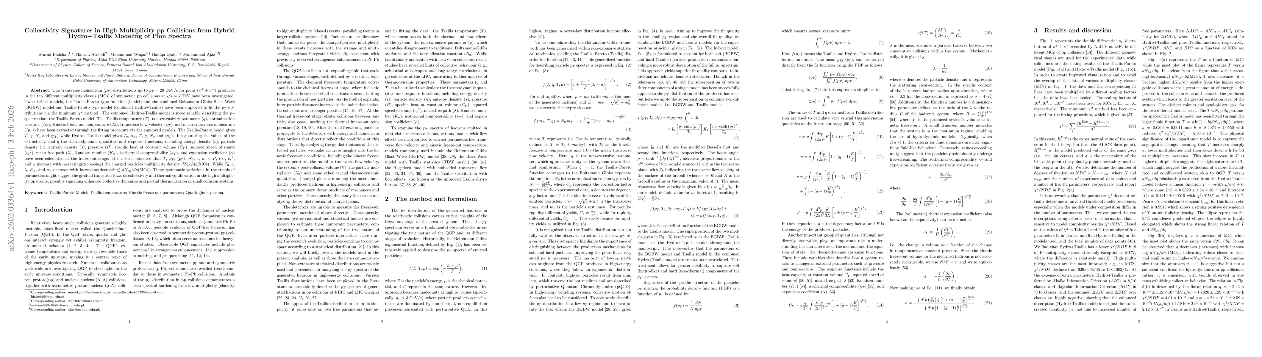 Thumbnail for Collectivity Signatures in High-Multiplicity pp Collisions from Hybrid Hydro+Tsallis Modeling of Pion Spectra