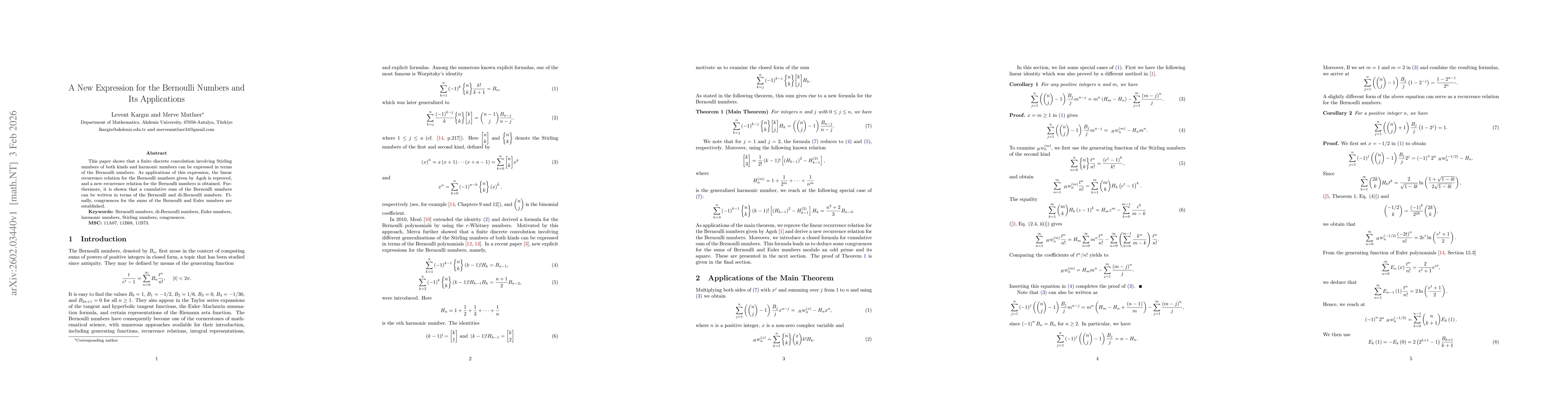 Thumbnail for A New Expression for the Bernoulli Numbers and its Applications