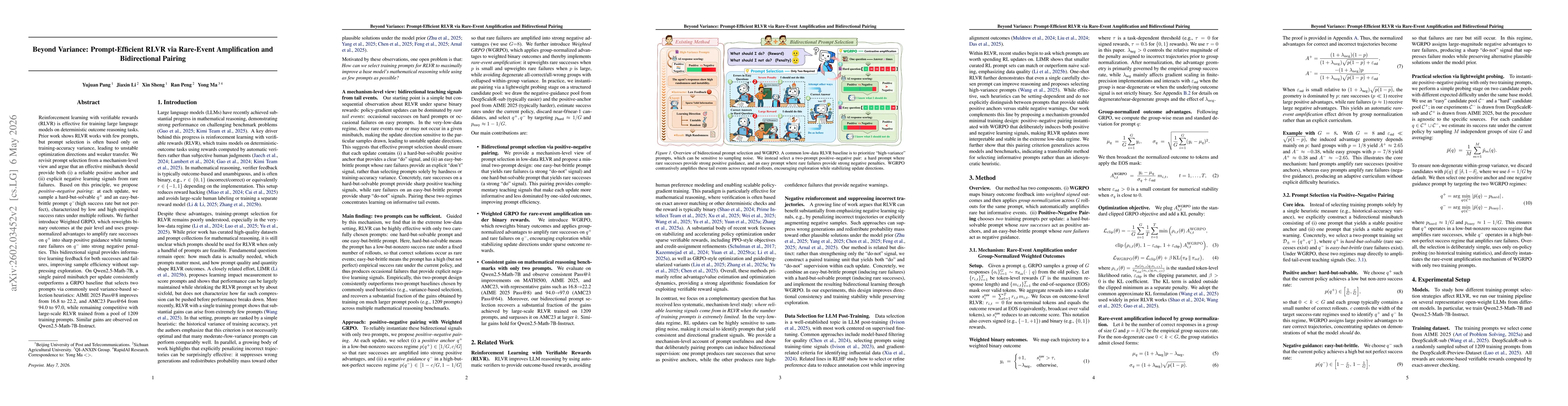Thumbnail for Beyond Variance: Prompt-Efficient RLVR via Rare-Event Amplification and Bidirectional Pairing