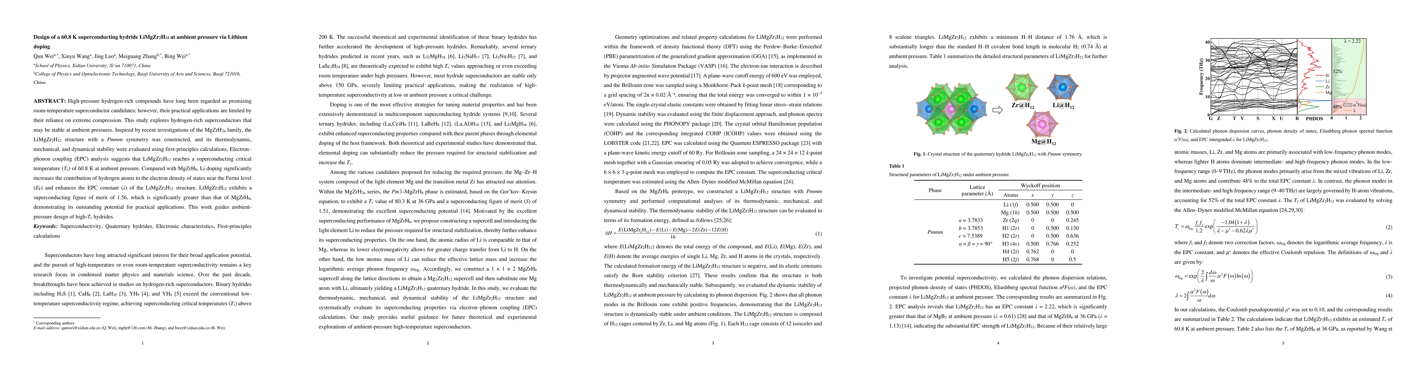 Thumbnail for Design of a 60.8 K superconducting hydride LiMgZr2H12 at ambient pressure via Lithium doping