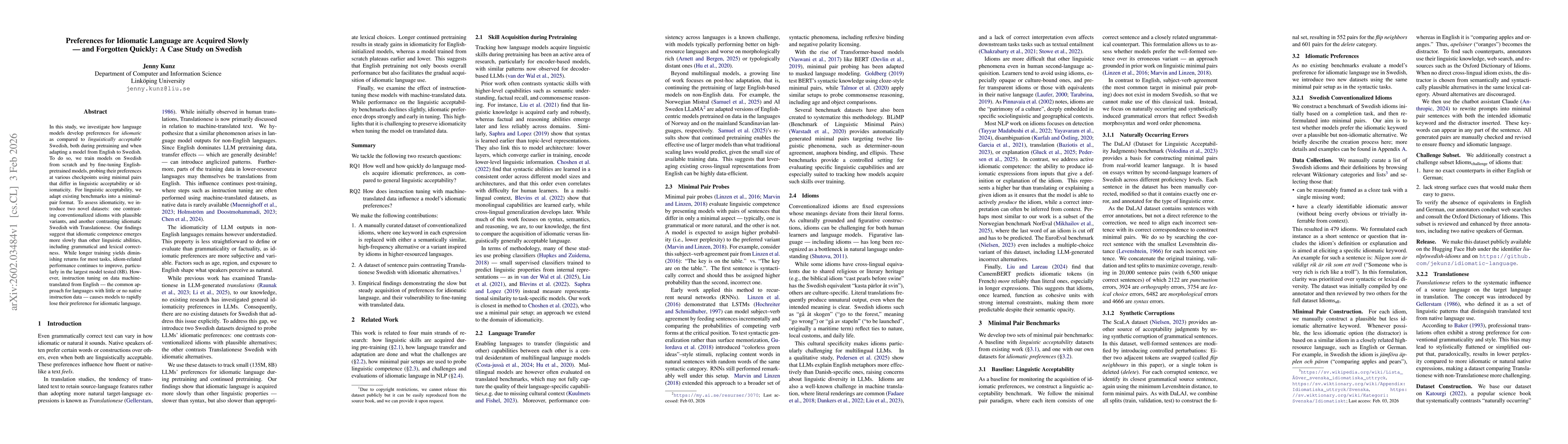 Thumbnail for Preferences for Idiomatic Language are Acquired Slowly -- and Forgotten Quickly: A Case Study on Swedish