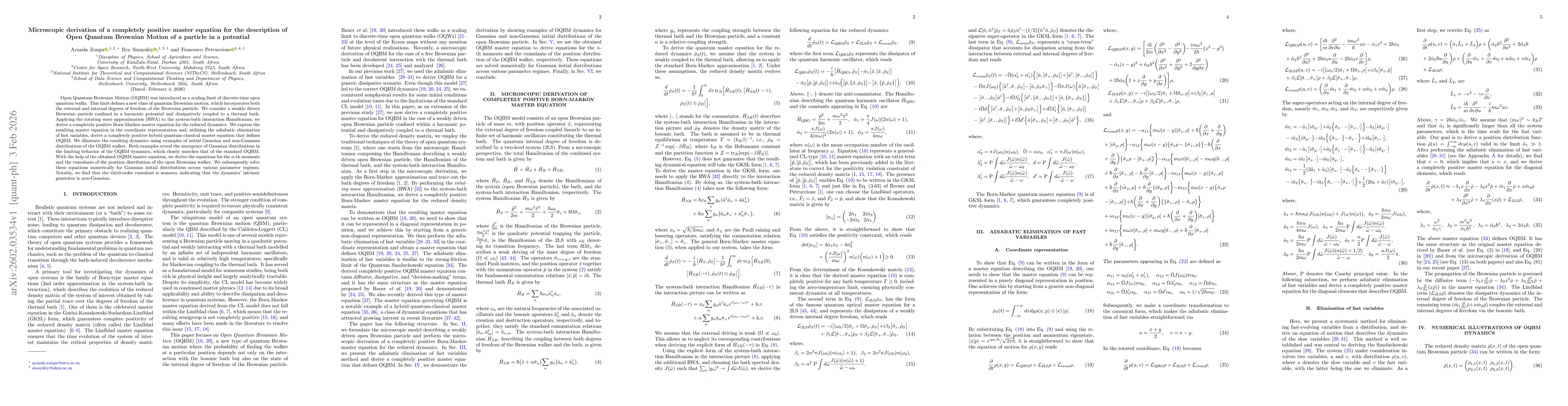 Thumbnail for Microscopic derivation of a completely positive master equation for the description of Open Quantum Brownian Motion of a particle in a potential