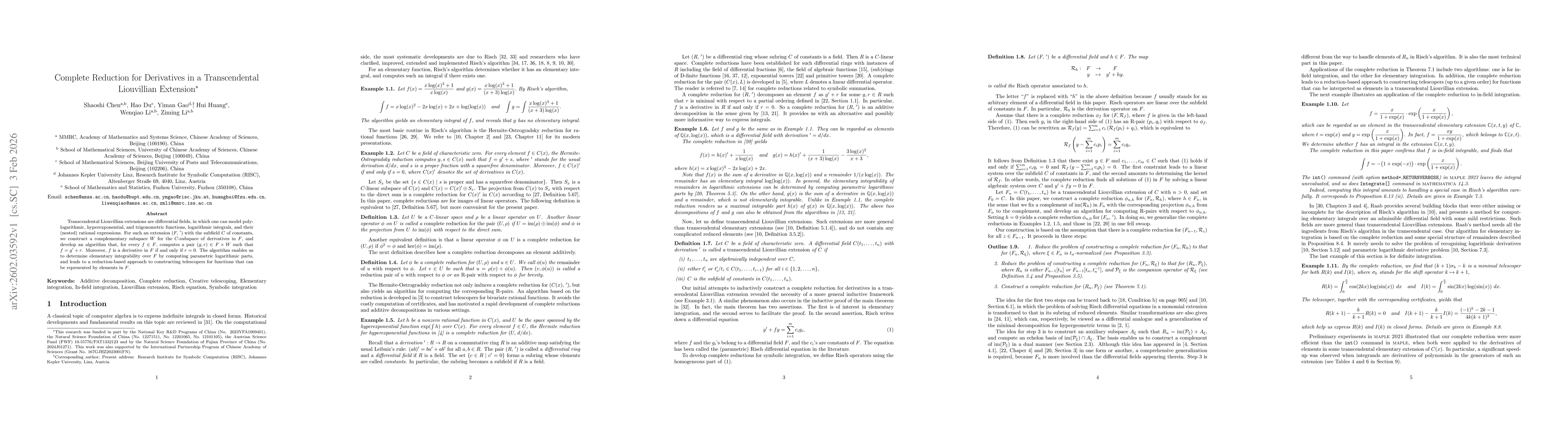 Thumbnail for Complete Reduction for Derivatives in a Transcendental Liouvillian Extension