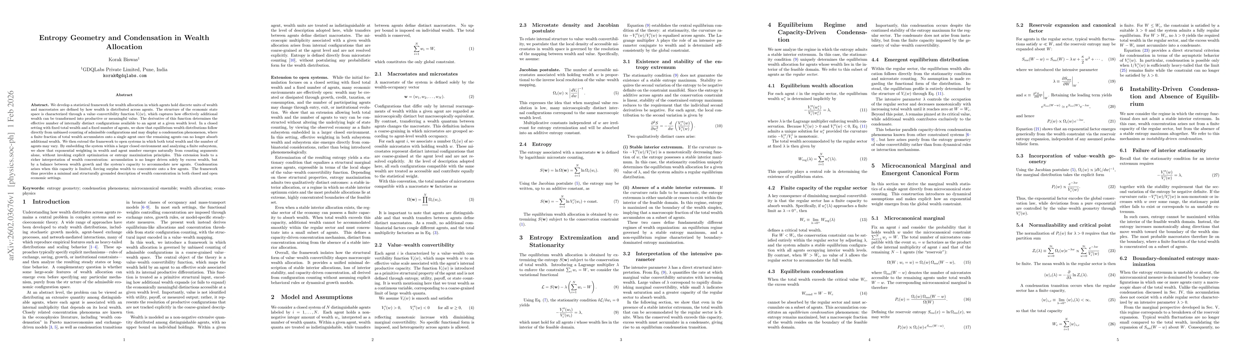 Thumbnail for Entropy Geometry and Condensation in Wealth Allocation