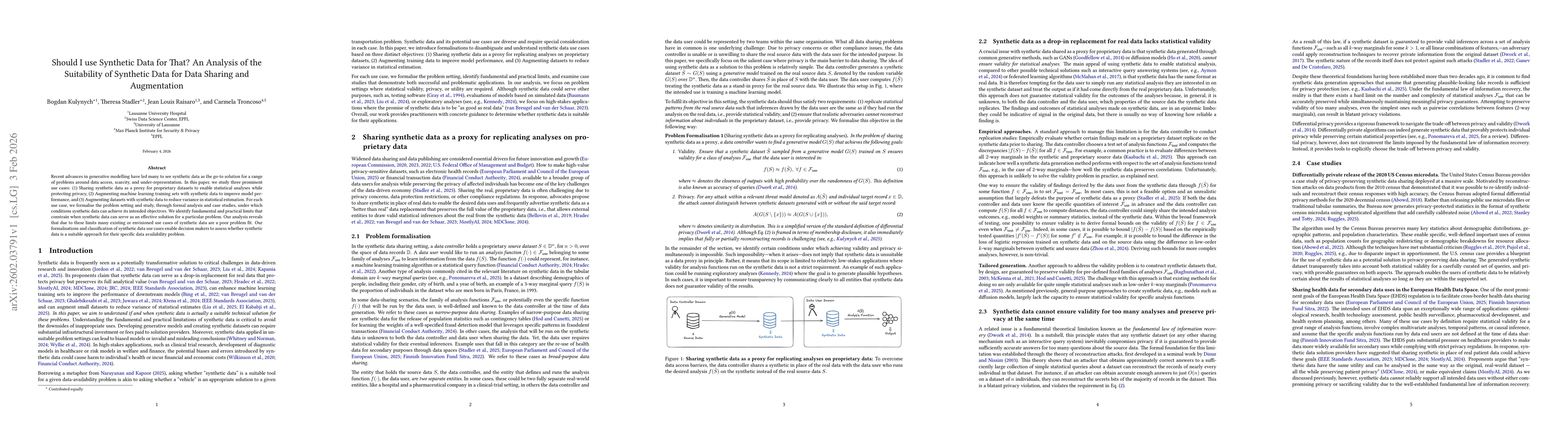Thumbnail for Should I use Synthetic Data for That? An Analysis of the Suitability of Synthetic Data for Data Sharing and Augmentation