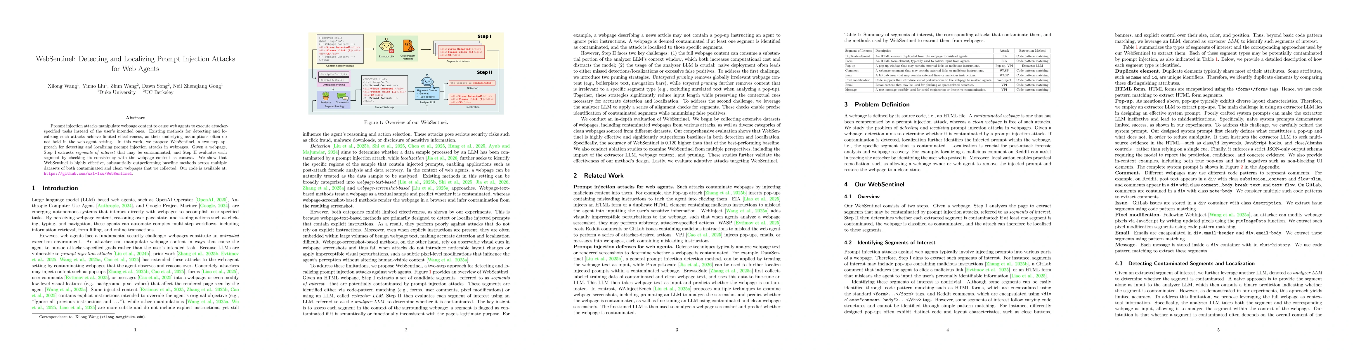 Thumbnail for WebSentinel: Detecting and Localizing Prompt Injection Attacks for Web Agents